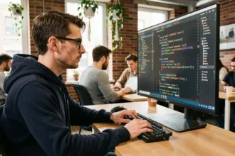 Développeur Python analysant du code XML dans un éditeur de code sombre sur un grand écran dans un bureau moderne
