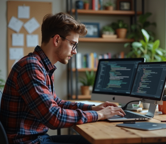 Développeurs sites Web : quels logiciels utiliser ? Découvrez les outils phares ! Jeune developpeur web concentré sur son ordinateur portable