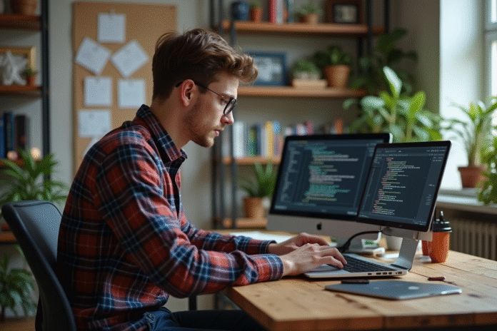 Jeune developpeur web concentré sur son ordinateur portable