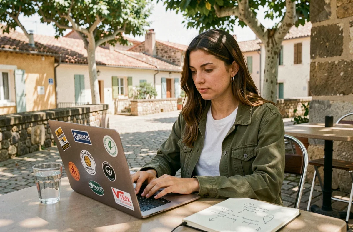 Développeuse freelance travaillant en terrasse à Montpellier avec un laptop, représentant l'écosystème tech d'Occitanie