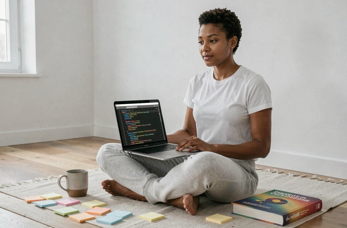 Développeuse web scraping en Python travaillant depuis chez elle avec un terminal affichant du XML parsé