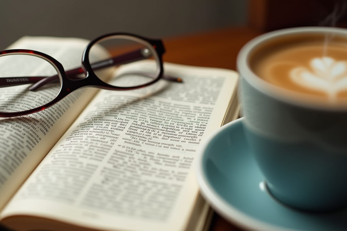 Dictionnaire ouvert avec définitions sur la table et lunettes