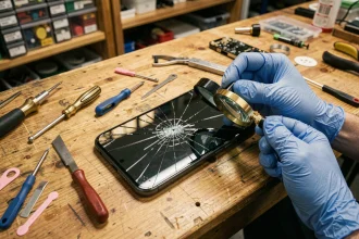 Écran iPhone 11 fissuré sur une table d'atelier de réparation avec outils et mains gantées d'un technicien
