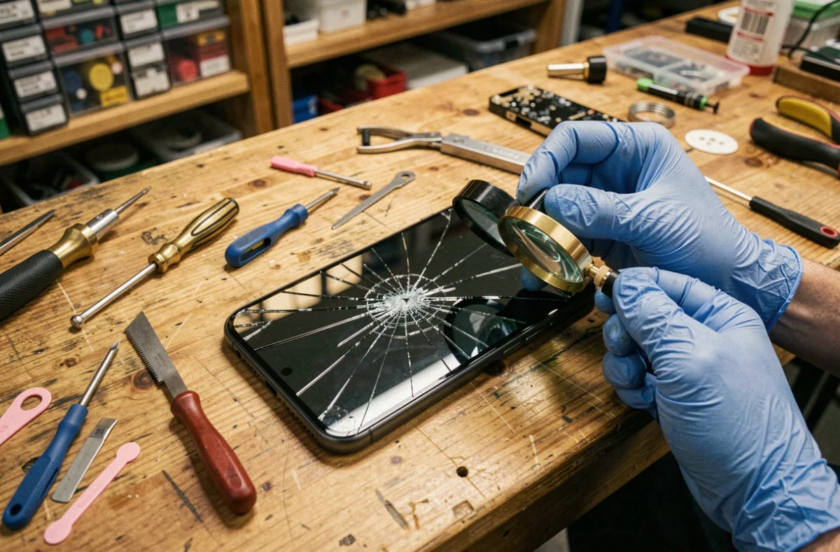 Écran iPhone 11 fissuré sur une table d'atelier de réparation avec outils et mains gantées d'un technicien
