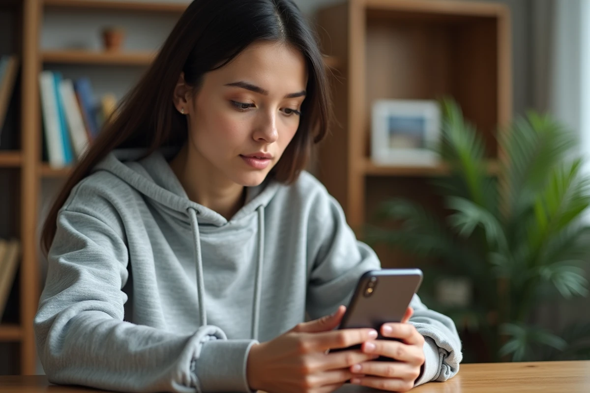 Jeune femme tenant un smartphone affichant une story Instagram, assise à un bureau en bois dans un espace de travail cosy
