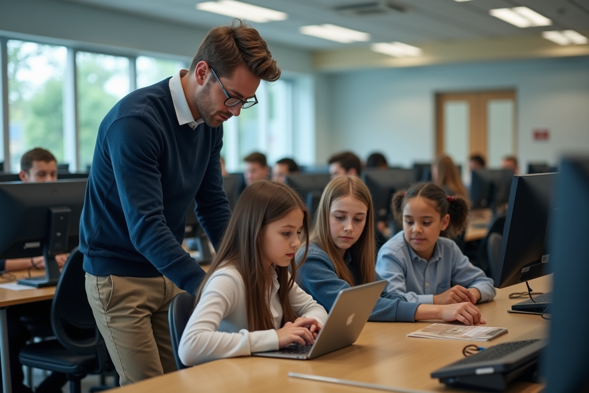 Professeur aidant deux adolescentes dans un centre multimédia