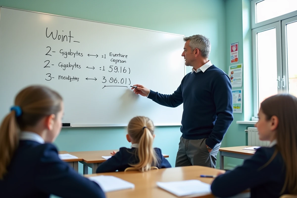 Un enseignant explique les unités de conversion Go en Mo au tableau devant des élèves en classe
