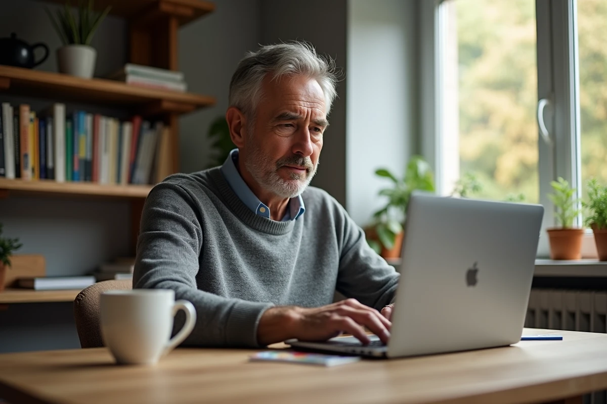 Enseignant à la maison utilisant son ordinateur dans une cuisine chaleureuse