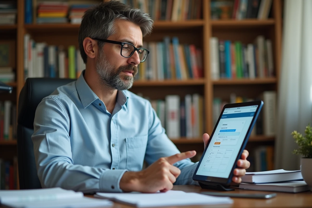 Enseignant homme utilisant une tablette dans un espace de travail