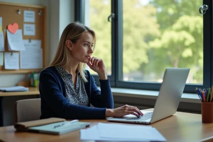 Enseignante femme au bureau lumineux avec ordinateur et dossiers
