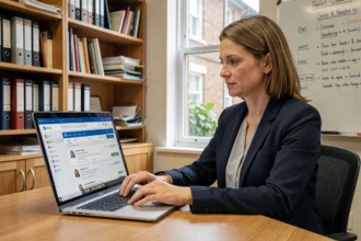 Enseignante utilisant le webmail académique sur son ordinateur portable dans une salle des professeurs