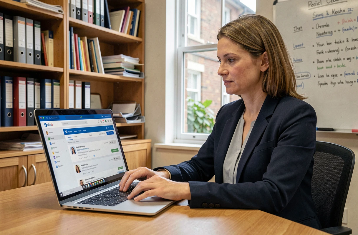 Enseignante utilisant le webmail académique sur son ordinateur portable dans une salle des professeurs