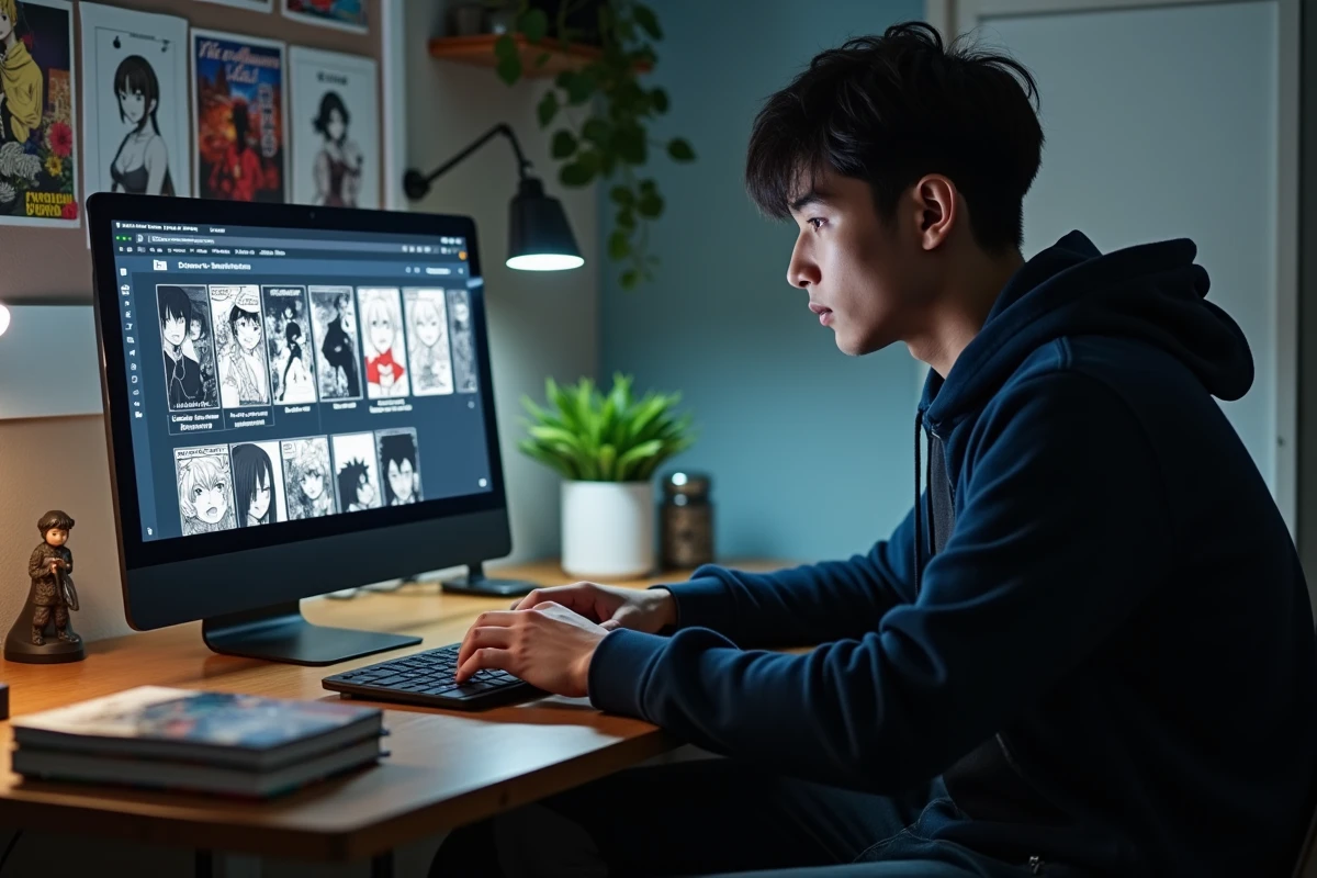 Homme utilisant Epsilon Soft sur ordinateur portable pour lire des mangas en ligne à son bureau