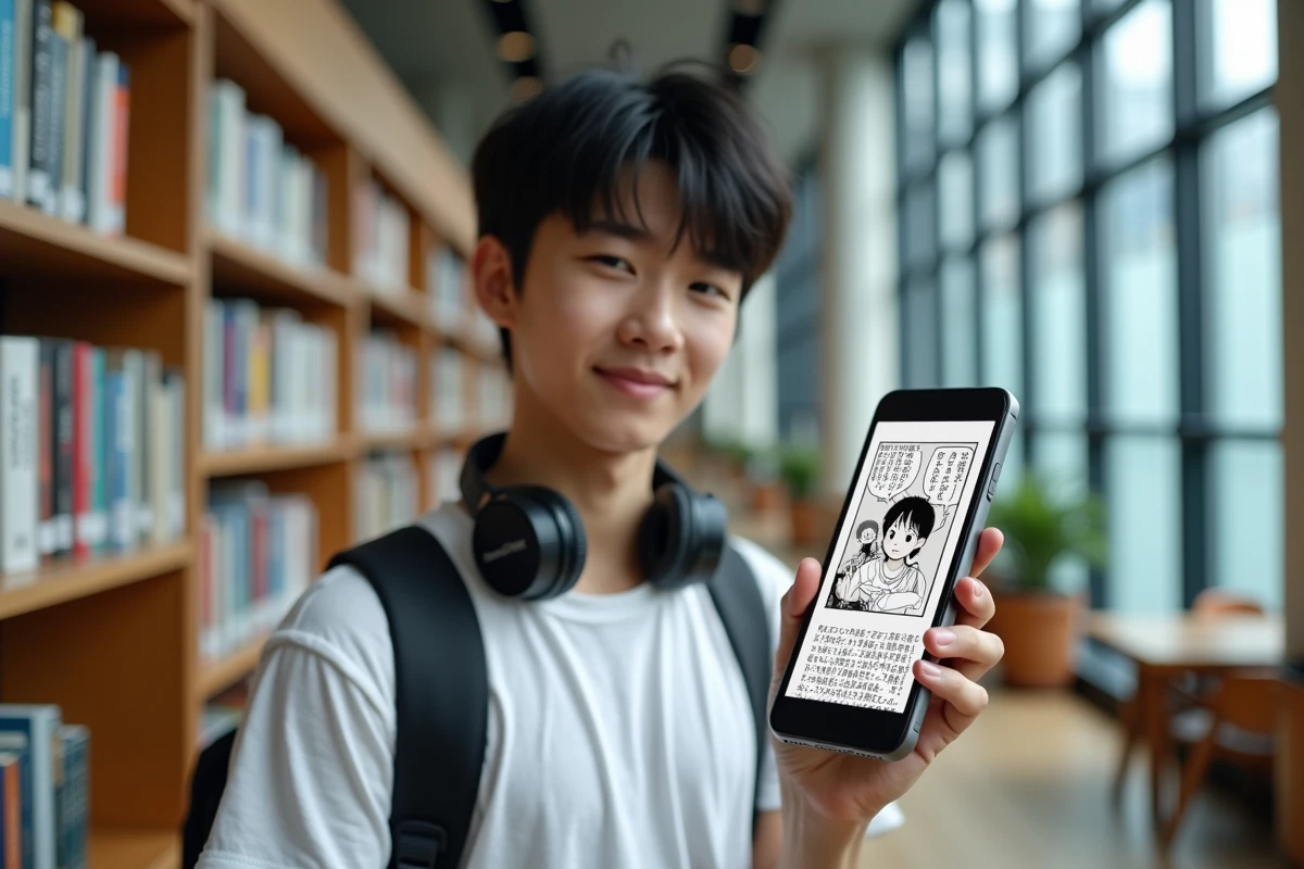 Jeune adulte lisant un manga sur smartphone via Epsilon Soft dans une bibliothèque moderne