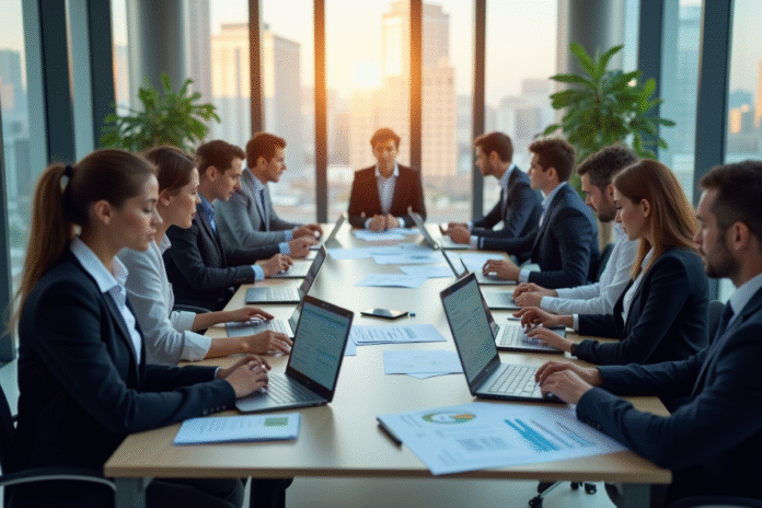 Groupe de professionnels en réunion dans un bureau moderne