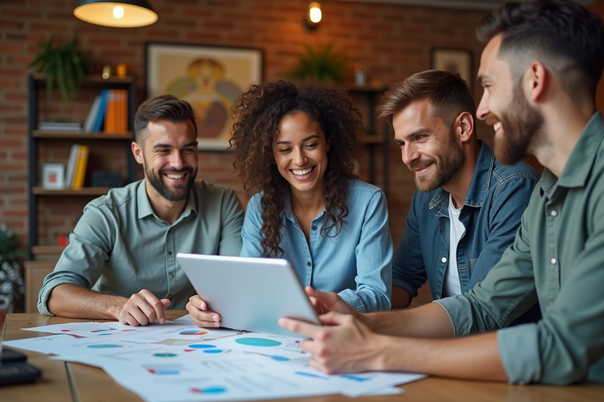 Groupe de jeunes adultes discutant stratégie marketing en coworking