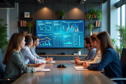 Groupe de professionnels autour d'un tableau digital en réunion