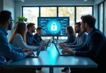 Groupe de professionnels IT collaborant autour d'une table moderne avec des icônes de sécurité