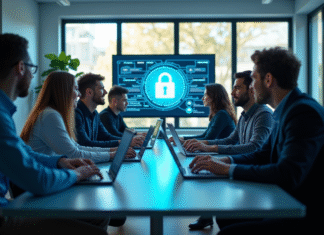 Groupe de professionnels IT collaborant autour d'une table moderne avec des icônes de sécurité