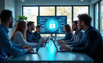 Echange Zero Trust : définition et importance de cette sécurité informatique évoluée Groupe de professionnels IT collaborant autour d'une table moderne avec des icônes de sécurité