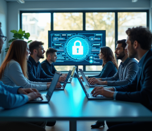 Groupe de professionnels IT collaborant autour d'une table moderne avec des icônes de sécurité
