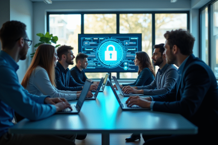 Groupe de professionnels IT collaborant autour d'une table moderne avec des icônes de sécurité