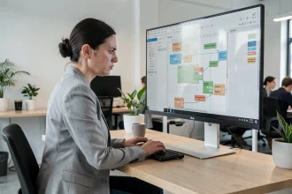 Développeuse web analysant des erreurs de mise en page Flexbox et CSS Grid sur un grand écran d'ordinateur dans un bureau moderne