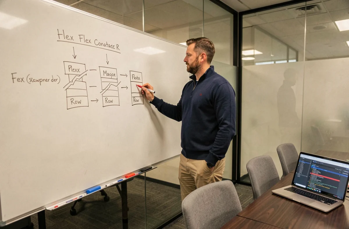 Développeur senior expliquant les erreurs courantes de Flexbox sur un tableau blanc dans une salle de réunion tech