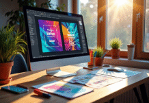 Espace de travail créatif avec flyers colorés sur un ordinateur