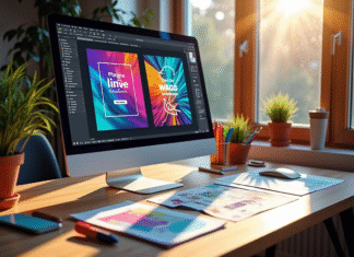 Espace de travail créatif avec flyers colorés sur un ordinateur