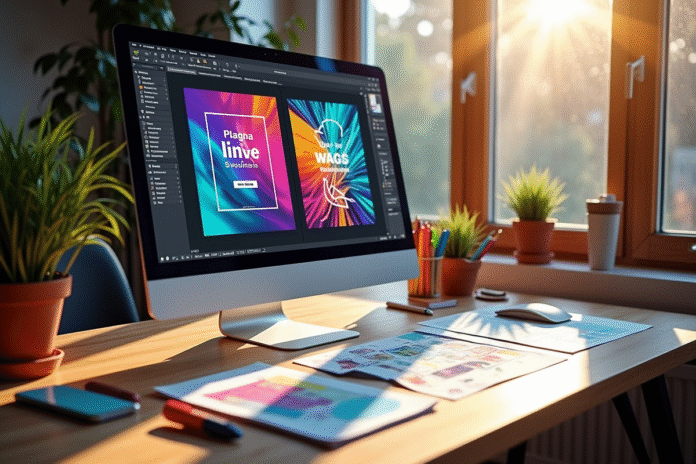 Espace de travail créatif avec flyers colorés sur un ordinateur