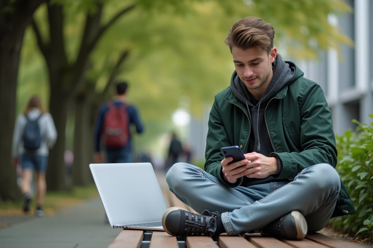 Étudiant assis en extérieur sur un campus consultant un message d'erreur de connexion à l'intranet Lyon 3 sur smartphone et ordinateur portable
