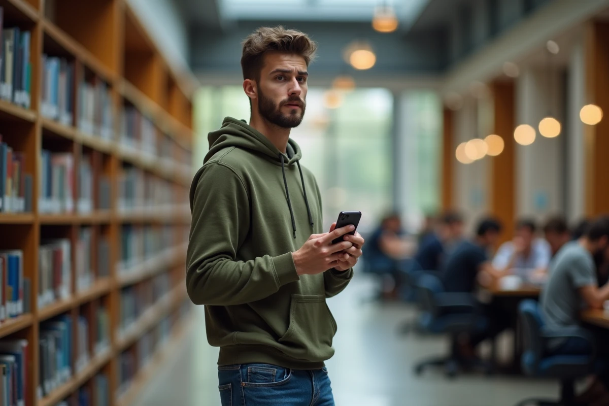 Étudiant consultant une erreur d'authentification Zimbra sur son smartphone dans une bibliothèque universitaire