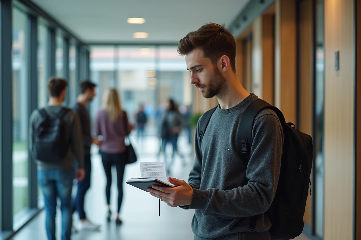 Étudiant tenant une mini imprimante portable dans un couloir de faculté après un cours
