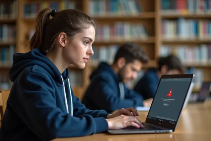 Étudiante de l'université Lyon 3 face à une erreur de connexion sur l'intranet depuis un ordinateur portable en bibliothèque