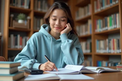 Étudiante utilisant une mini imprimante portable pour imprimer des notes dans une bibliothèque universitaire