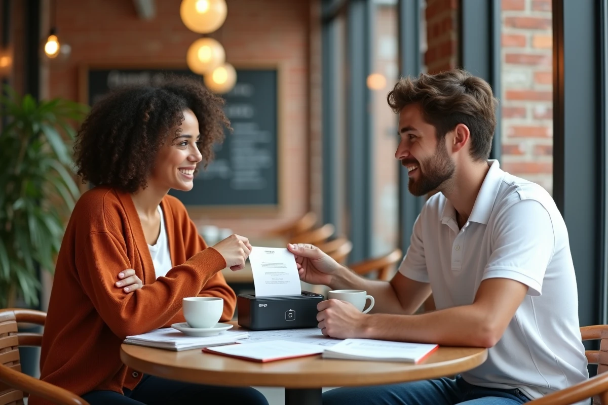 Deux étudiants utilisant ensemble une mini imprimante portable dans un café universitaire pour organiser leurs révisions