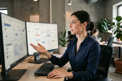 Experte en multimédia analysant des maquettes UX et des parcours utilisateurs sur deux écrans dans un bureau moderne