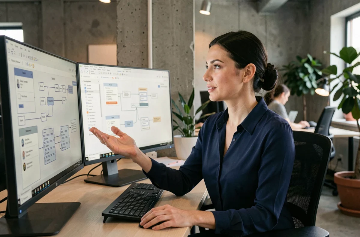 Experte en multimédia analysant des maquettes UX et des parcours utilisateurs sur deux écrans dans un bureau moderne