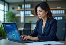 Femme d'affaires en costume bleu analysant des données marketing