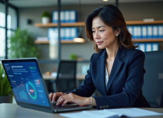 Automatisation marketing : pourquoi en avons-nous besoin ? Femme d'affaires en costume bleu analysant des données marketing