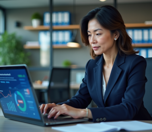 Automatisation marketing : pourquoi en avons-nous besoin ? Femme d'affaires en costume bleu analysant des données marketing