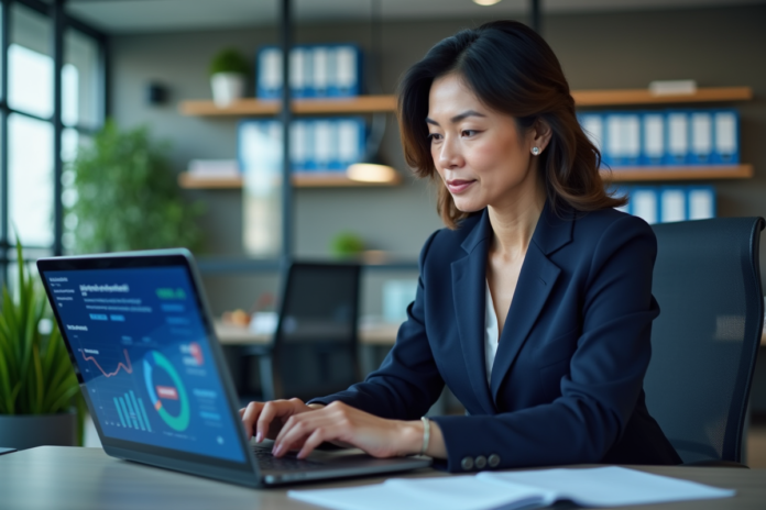 Femme d'affaires en costume bleu analysant des données marketing
