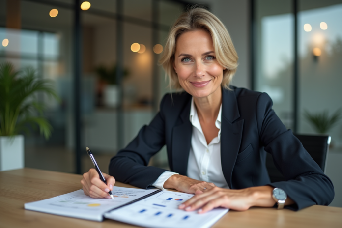 Femme d affaires en réunion avec modèle 5AS