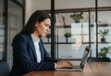 Femme d'affaires en blazer bleu examinant un portfolio numérique