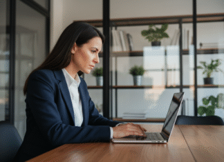 Comment bien choisir son agence web ? Femme d'affaires en blazer bleu examinant un portfolio numérique