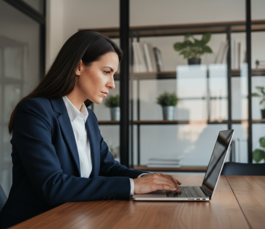 Comment bien choisir son agence web ? Femme d'affaires en blazer bleu examinant un portfolio numérique