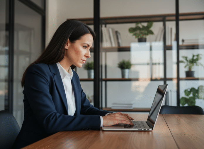 Femme d'affaires en blazer bleu examinant un portfolio numérique