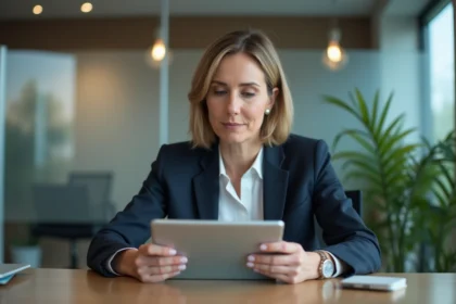 Femme d'affaires concentrée avec tableau digital