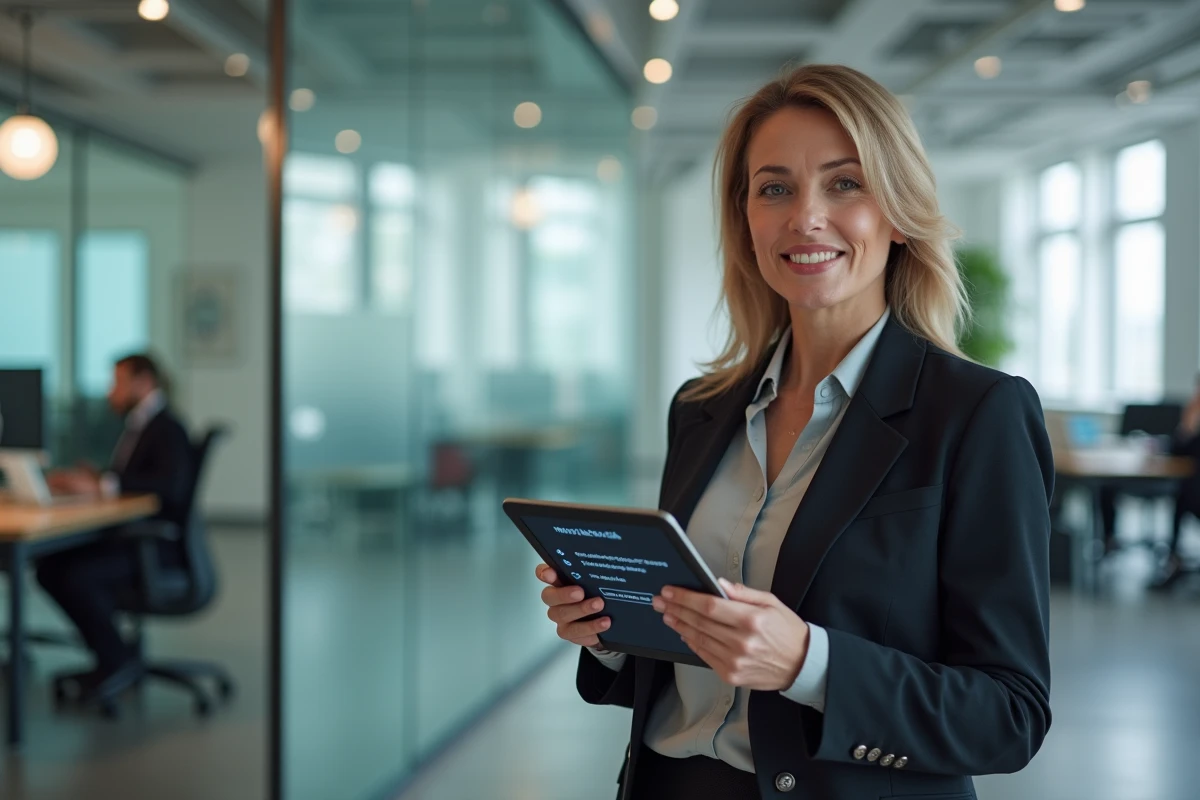 Femme d affaires vérifiant un message d erreur sur sa tablette